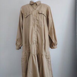 Vintage 80's Chez California Midi Dress Khaki Studded Drop Waisted Size 3X? EUC